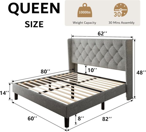 iPormis Queen Size Platform Bed Frame with Button Tufted Headboard, Upholstered Bed Frame with Solid Wooden Slats, 8" Underbed Space, No Box Spring Needed, Noise Free, Easy Assembly, Light Gray - Image 2