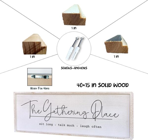 The Gathering Place Wall Decor Sign 40"x15" Large Family Dining Room Vintage Wooden Framed Country Farmhouse Simple And Rustic Hanging For Kitchen Home Wall Art Decoration (White) - Image 2
