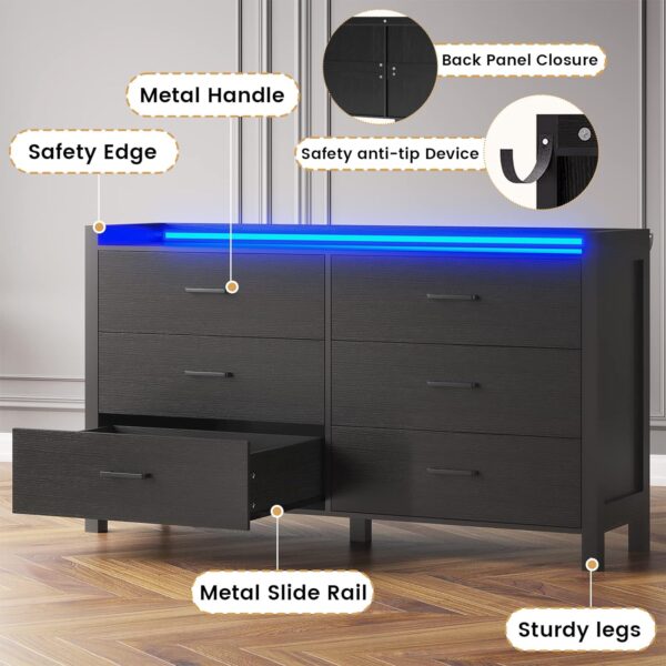 Hasuit Black Dresser for Bedroom with LED Lights, Large Capacity Wooden Storage Cabinet, Chest of 6 Drawers Dresser, LED Dresser for Hallway, Entryway (Modern Black) - Image 6