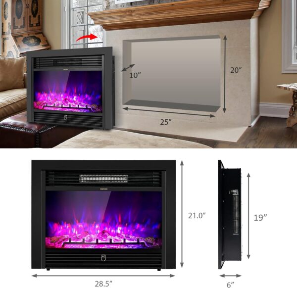 COSTWAY 28.5-Inch Electric Fireplace Inserts, 750W/1500W Wall Recessed and Freestanding Fireplace with 3 Flame Colors, 5 Brightness Settings, 8H Timer, Remote Control, Heater for Indoor Use - Image 5