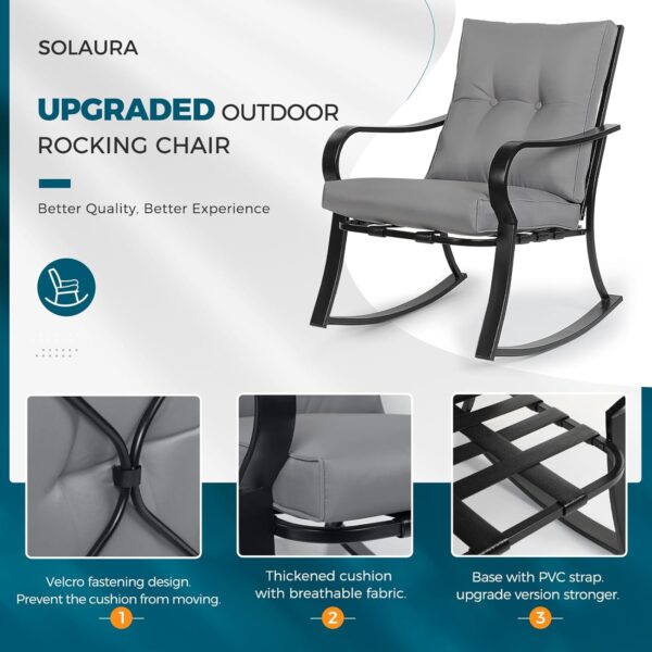SOLAURA 3-Piece Outdoor Rocking Chairs Bistro Set, Black Iron Patio Furniture with Gray Thickened Cushion & Glass-Top Coffee Table - Image 5