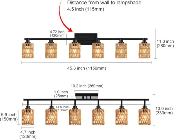 MELUCEE Ceiling Track Lighting Kits 6 Light Farmhouse Bathroom Light Fixtures with Flexibly Rotatable Light Head, Black Spotlights with Rattan Lamp Shade for Hallway Porch Foyer Bath - Image 6