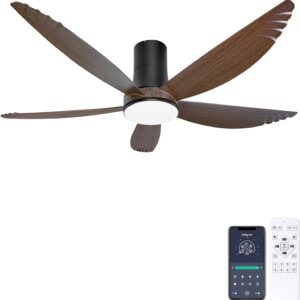 Ohniyou 58 Inch Ceiling Fan with Lights Flush Mount Ceiling Fans Remote & APP Control Dimmable Indoor Outdoor Quiet DC Flush Mount Ceiling Fan for Patios, Living Room, Bedroom, Dining Room