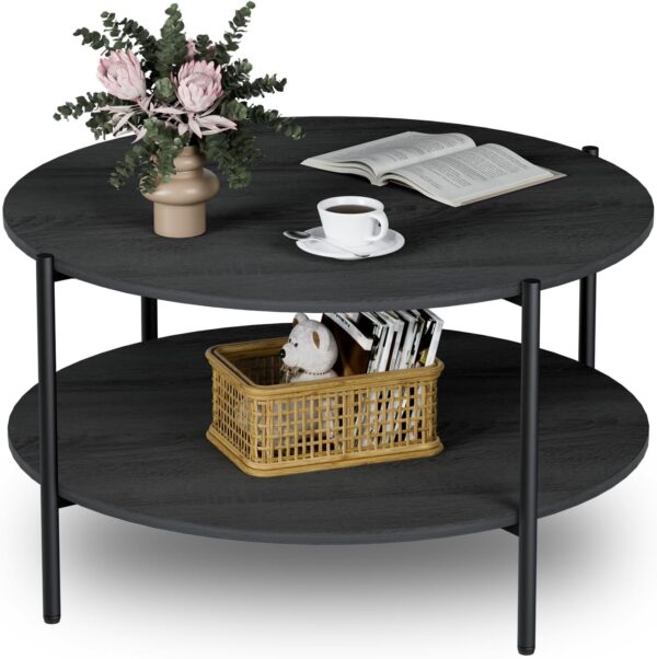 Round Coffee Table for Living Room, 31" Circle Coffee Table with Open Storage Shelf, 2-Tier Farmhouse Round Wood Center Table for Bedroom, Home Office(Wood Grey) - Image 7