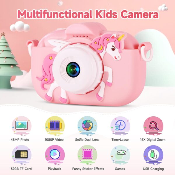 Kids Camera Toys for Ages 3 4 5 6 7 8 9 Girls, 48MP Dual Lens Toddler Camera Kids Digital Camera Christmas Birthday Gift for Kids, Kids Video Camera Selfie Camera with 32G SD Card, Silicone Cover - Image 2