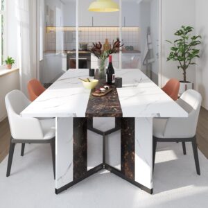 71In Large Rectangular White Dining Table for 4 5 6 7 8 People w/35 Marble-Color Wood Watrproof Tabletop,Adjustable Leg.6ft Luxurious Family Dinner Table for Office Kitchen Living Room