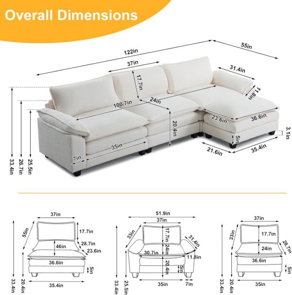Karl home Sectional Sofa Modular Deep 3-Seat Sofa Couch with Ottoman, Teddy Fleece Sofa Sleeper Comfy Upholstered Furniture for Living Room, Apartment, Studio, Office, Beige - Image 2