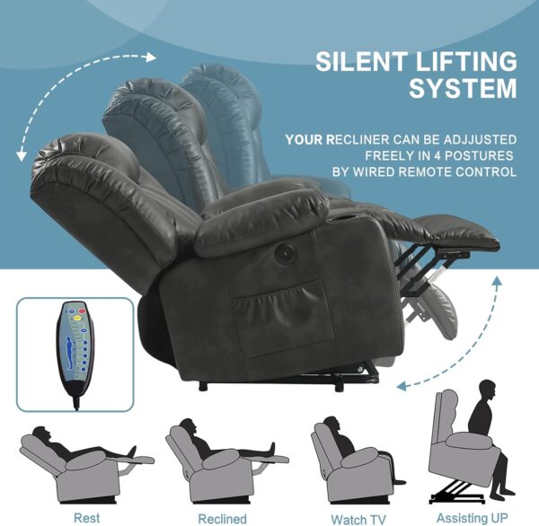 PARKOL Power Lift Recliner Chair for Elderly Breathable Leather Recliner Chair with Massage and Heat,2 Cup Holders,Electric Stand Assist,USB Ports,Gifts for Family (Silver Gray) - Image 3