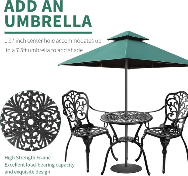 Bistro Table and Chairs Set of 2 with Umbrella Hole,Cast Aluminum Patio Bistro Sets 3 Piece,Outdoor Bistro Table Set,Patio Furniture Set for Front Porch Set,Garden(Butterfly Black) - Image 5