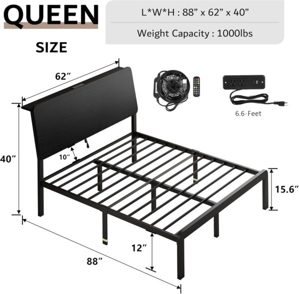 iPormis Queen Metal Bed Frame with LED Lights & Charging Station, Platform Bed with Ergonomic Storage Headboard, Steel Slats Supports, No Box Spring Needed, Noise-Free, Easy Assembly, Black - Image 2