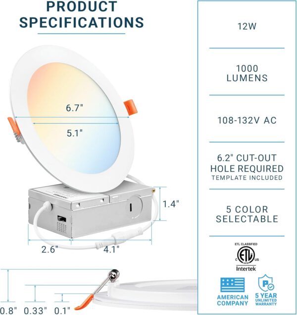 PARMIDA (12 Pack) 6 Inch Dimmable 5CCT Ultra-Thin LED Recessed Ceiling Light with Junction Box, 5 Color Selectable 2700K/3000K/3500K/4000K/5000K, 12W, Canless Wafer Slim Panel Downlight, IC Rated, ETL - Image 2
