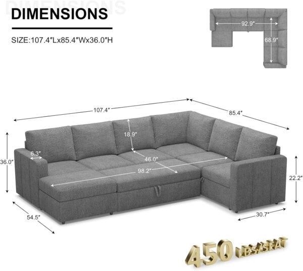 Belffin Modular Sectional Sleeper Sofa with Pull Out Couch, U Shaped Sleeper Pull Out Bed, Convertible Sectional Couches for Living Room, Light Grey - Image 2