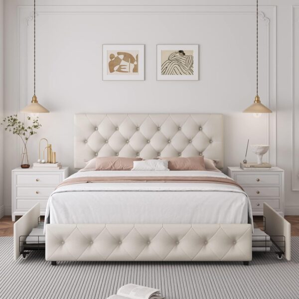 Queen Bed Frame with 4 Storage Drawers and Adjustable Headboard, Upholstered Platform Bed with Button Tufted Design, Strong Wooden Slats Support, No Box Spring Needed, Fabric, Cream - Image 3