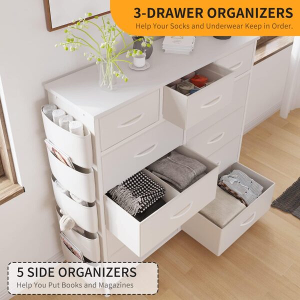Dresser for Bedroom with 11 Drawer, Dressers & Chests of Drawers with Side Pockets, Hooks, Fabric Storage Drawer, Steel Frame, Wood Top, Organizer Unit and Pull Handle for Closet. - Image 4