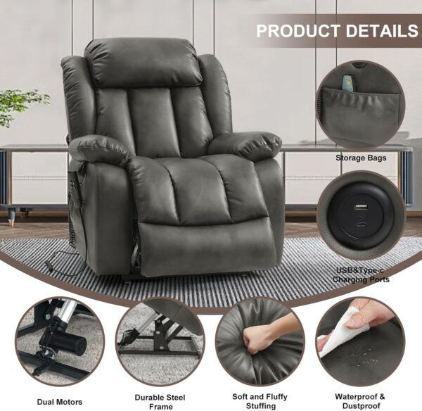 Dual Motor Large Power Lift Recliner Chair for Elderly with Heat and Massage,Lay Flat Lift Chairs Recliners for Seniors Infinite Position,USB Ports&Remote Controls,Genuine Leather (Silver Grey) - Image 4
