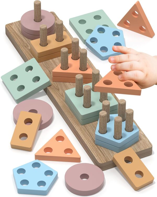 Montessori Toys for 1 2 Year Old Girl Boy, Toddler Toys Age 1-2, 1 2 Year Old Girl Boy Birthday Gifts, Education Toddler Puzzles for Wooden Toys Ages 1-3, Stacking Block Toys for Toddlers 1-3 - Coffee