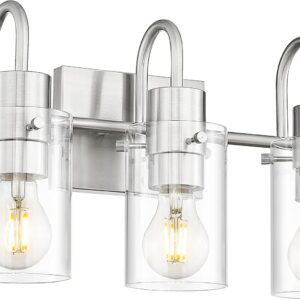 Emak 3-Light Bathroom Lighting Fixtures Over Mirror, Modern Brushed Nickel Vanity Light with Clear Glass Shade for Bathroom, Mirror, Makeup Desk, VL117-BN-3