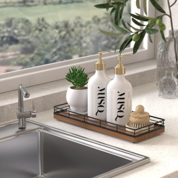 Oak Wooden Kitchen Soap Tray, 11" Sink Countertop Soap Dispenser Sponge Holder, Spice Salt and Pepper Organizer for Dining Room Decorative Perfume Jewelry Tray Coffee Table Centerpieces Decor Walnut - Image 5