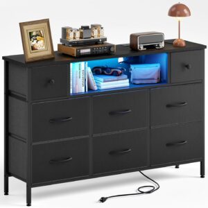 Fixwal Dresser for Bedroom with Power Outlets and LED Lights, Black 55" TV Stand with 8 Drawers, Fabric Chest of Drawers with PU Finish for Living Room, Entryway
