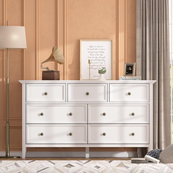 IKENO White 7 Drawer Dresser for Bedroom, Modern Solid Wood Large Storage Cabinet, Simple White Chest of Drawer for Bedroom Living Room Hallway Entryway (White) - Image 5