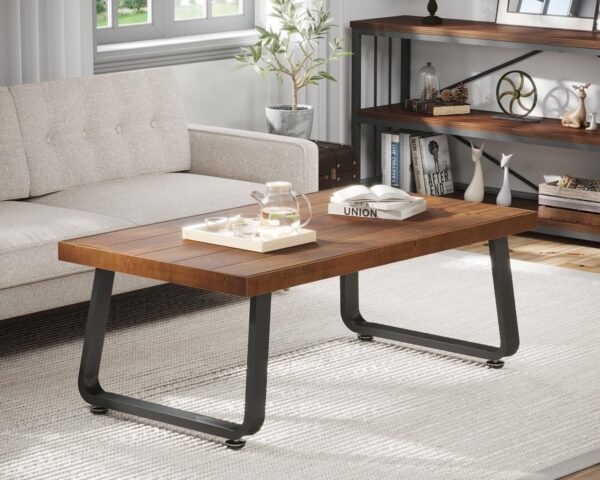 IBF Natural Wood Coffee Table, Rustic Solid Real Wood Center Table for Living Room, Rectangle Metal Modern Industrial Minimalist Wooden Cocktail/Tea Table, Rustic Brown, 47 Inch - Image 6