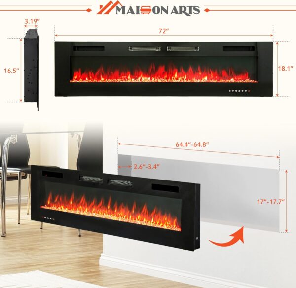 MAISON ARTS 72" Electric Fireplace Indoor Wall Mounted & Recessed Fireplace Heater with Remote Control & Touch Screen,8hrs Timer, Adjustable Flame & Bed Colors and Speed for Bedroom Living Room,1500W - Image 6