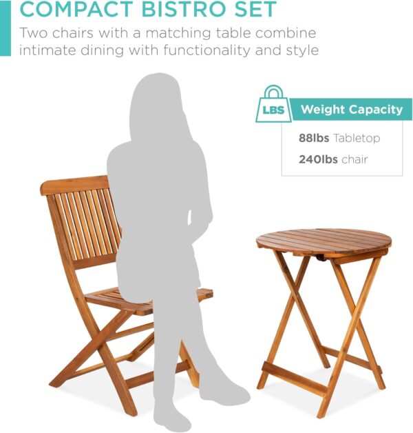 Best Choice Products 3-Piece Acacia Wood Bistro Set, Folding Patio Furniture for Backyard, Balcony, Deck w/ 2 Chairs, Round Coffee Table, Teak Finish - Natural - Image 5