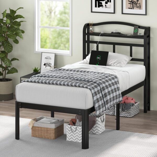 Twin Size Bed Frame - Storage Headboard with Galaxy Aurora Star Projector & Charging Station, 18in Heavy Duty Metal Bed Frame No Box Spring Needed, Easy Assembly - Image 7