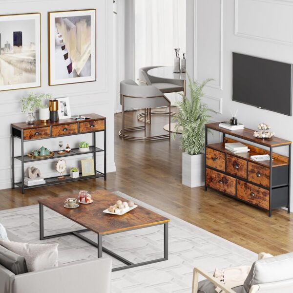 Furologee Entryway Table, 38'' Console Sofa Table with 3 Fabric Drawers, Industrial Entry Way Table with Storage Shelves, Display Shelf for Living Room, Hallway, Entrance, Foyer, Rustic Brown - Image 5