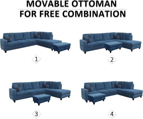 LostCat 103" W Sectional Couches for Living Room Couch Set, Modular Sectional Sofa for Living Room Furniture Sets, L Shaped Couch with Storage Ottoman, Flannel Modular Couch Sofa Set, Blue - Image 4