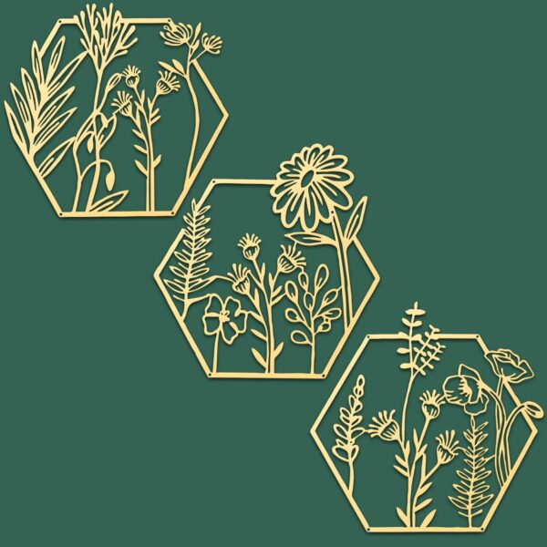 Peryiter 3 Pcs Metal Flower Wall Decor Minimalist Floral Wall Hanging Decor Flower Metal Wall Art Floral Metal Wall Decor for Living Room, Bathroom, Kitchen Indoor Outdoor (Gold) - Image 6