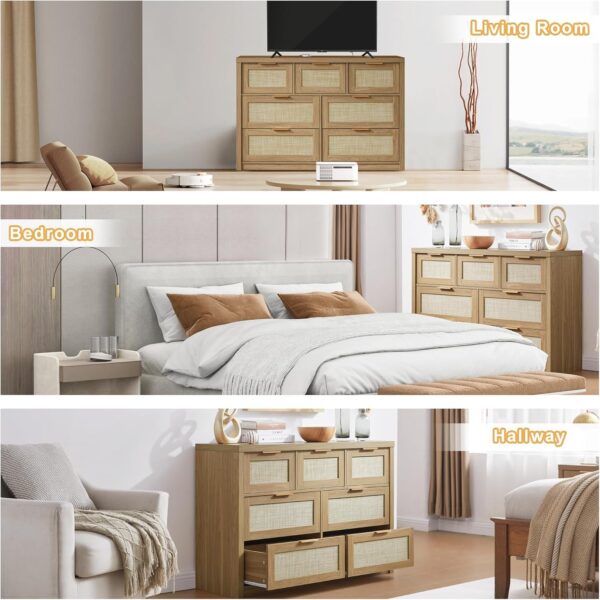 7 Drawer Dresser, Large Dresser for Bedroom, Rattan Chests of Drawers with Metal Handle and Wide Drawers, Wood Dressers Organizer TV Stand, 52.76" W x 17.72" D x 31.69" H - Image 5