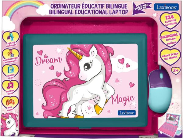 LEXiBOOK - Unicorn Educational and Bilingual Laptop Spanish/English - Toy for Children with 124 Activities to Learn Mathematics, Dactylography, Logic, Clock Reading, Play Games and Music - JC598UNIi2 - Image 4