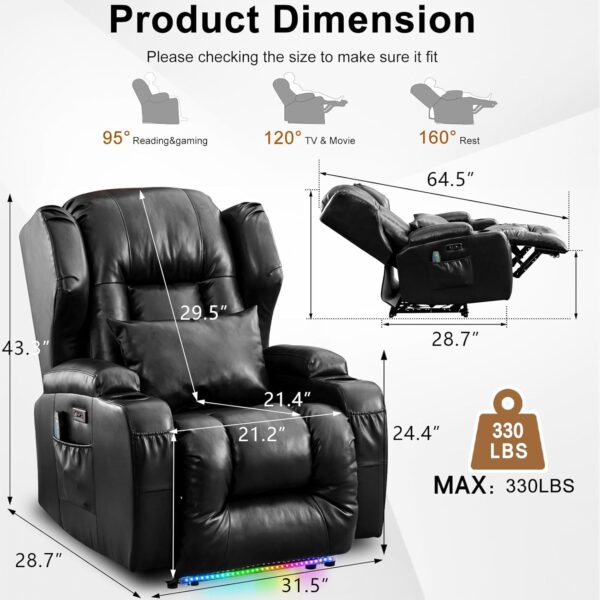 IPKIG Power Recliner Chair with LED Lights - Faux Leather Electric Home Theater Seating Movie Reclining Chairs with Lumbar Pillow/USB Port/Side Pockets/Cup Holders for Living Room, Movie Room (Black) - Image 2