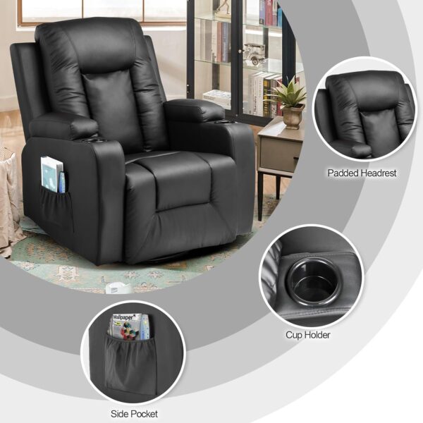COMHOMA Recliner Chair, PU Rocking Chair for Adults, Swivel Recliner with Cup Holders, Heat and Massage, Single Sofa Seat with Side Pockets for Living Room, Bedroom (Black) - Image 6