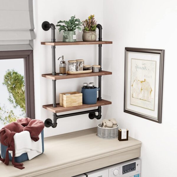 BOSURU Industrial Pipe Bathroom Shelves Rustic Wood Shelves with Towel Bar 24" Farmhouse Wall Shelf for Wall Pipe Shelving - Image 7