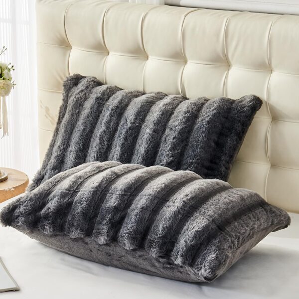Fluffy Faux Rabbit Fur Comforter Cover Set King Size - Ultra Soft Plush Bedding Set - Luxury Striped Gray Fuzzy Duvet Cover - 3PC(Duvet Cover x1 Pillow Shamsx2) - Zipper Closure - Image 6