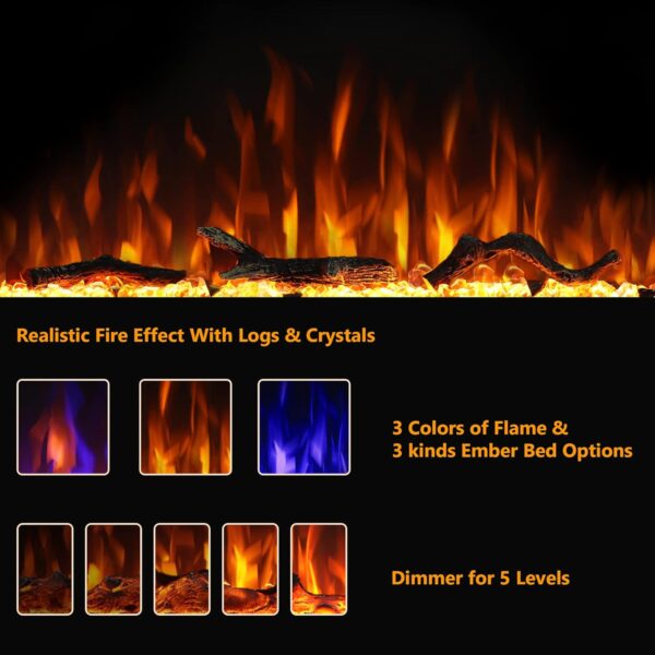 Electric Fireplace 42inches, Wall-Mounted & Recessed Fireplace Inserts, Multicolor Flame w/5 Dimmer, Remote Control Thermostat, Timer, Overheating Protection, Hardwire Connect, 1500W,Black - Image 5