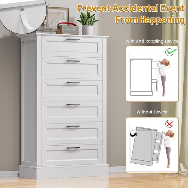 White 6 Drawer Dresser, 55 Inch Tall White Dresser for Bedroom, Modern Farmhouse Style Chest of Drawers for Bedroom Living Room, Wood Rustic Tall Dresser, Organizer for Closet, Living Room, Hallway - Image 5