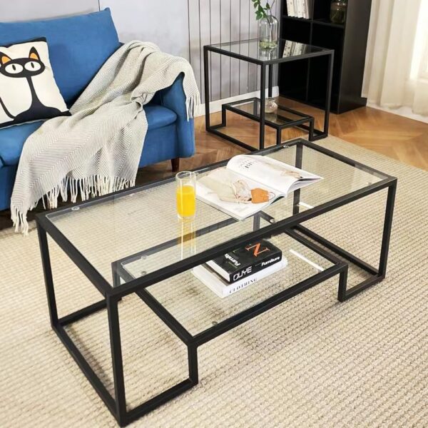 Black Metal Glass Coffee Table - Simple Center Coffee Table for Living Room Home, Metal Frame Coffee Table with 2 Shelves,Modern Table for Bedroom, Dinning Room,Office Decor - Image 5