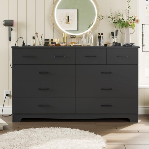 DICTAC Black Bedroom Dresser with 10 Drawers, Large Chest of Drawers Storage Organizer, Long Dresser TV Stand with Power Outlets, Wide Dresser for Bedroom, Living Room (55.1" W x 32.3" H x 15.8" D) - Image 7