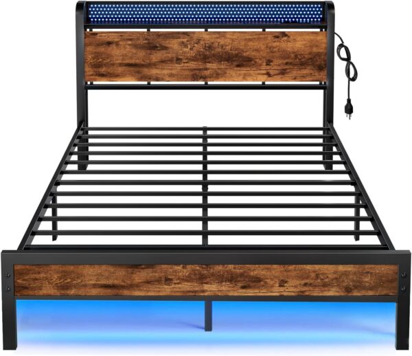 Furnulem Full Bed Frame with LED Lights,Industrial Storage Headboard with Charging Station,USB Port,Under Bed Storage,Wood Platform with Strong Metal Support,No Box Spring Needed, Silent - Image 3