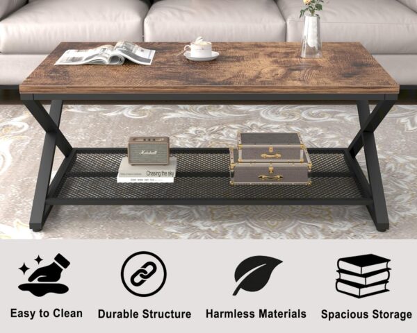 LVB Rustic Coffee Table, Industrial Metal Wood 2 Tier Cocktail Tea Table with Storage for Living Room, Farmhouse Wooden Rectangle Center Table with Mesh Shelf for Office Bedroom, 39 inch, Rustic Brown - Image 3