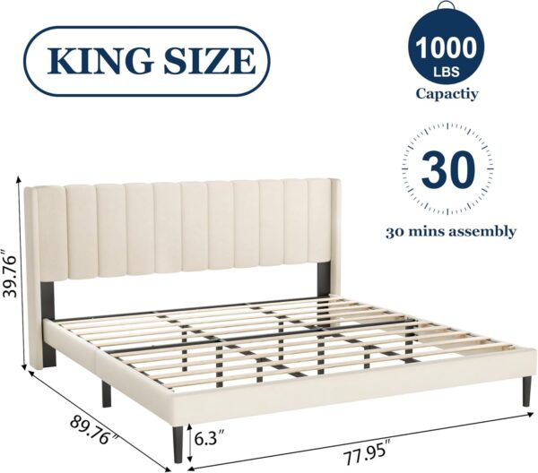 King Size Bed Frame and Headboard,Vertical Channel Tufted Wingback No Box Spring Needed, Mattress Foundation, Easy Assembly, Beige - Image 2