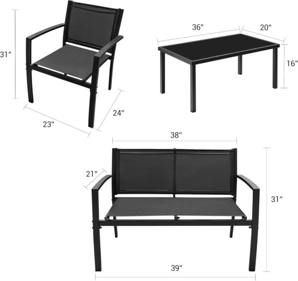 Flamaker 4 Pieces Outdoor Patio Furniture Textilene Modern Conversation Black Bistro Set with Loveseat Tea Table for Home, Lawn and Balcony - Image 7