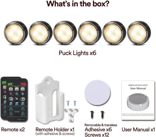 Onumii LED Puck Lights Battery Operated LED Under Cabinet Lighting Wireless Stick on Tap Lights with Remote Controll Color Changing Timer Function for Cabinets, Shelves, Closets - 6Pack White - Image 2