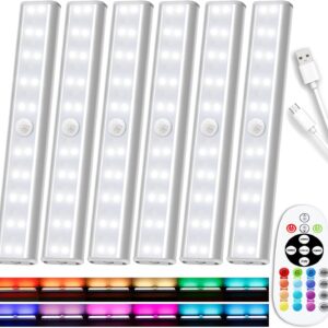 SZOKLED Under Cabinet Lighting Rechargeable 48-LED Wireless Under Cabinet Lights Remote, Kitchen Counter Lights Closet Lights RGB Perfect for Indoor Pantry Display Shelf 15 Color Changing(6 Packs)