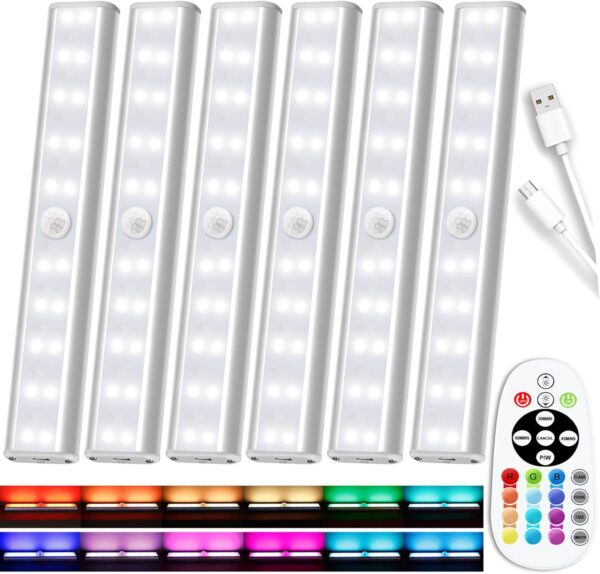 SZOKLED Under Cabinet Lighting Rechargeable 48-LED Wireless Under Cabinet Lights Remote, Kitchen Counter Lights Closet Lights RGB Perfect for Indoor Pantry Display Shelf 15 Color Changing(6 Packs)