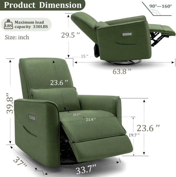 Swivel Recliner Chair, Glider Rocking Chair Nursery, Electric Rocking Recliner Chair of Fabric, Power Rocker Recliner Chair with Side Pockets and Type-C & USB Ports for Living Room - Image 2