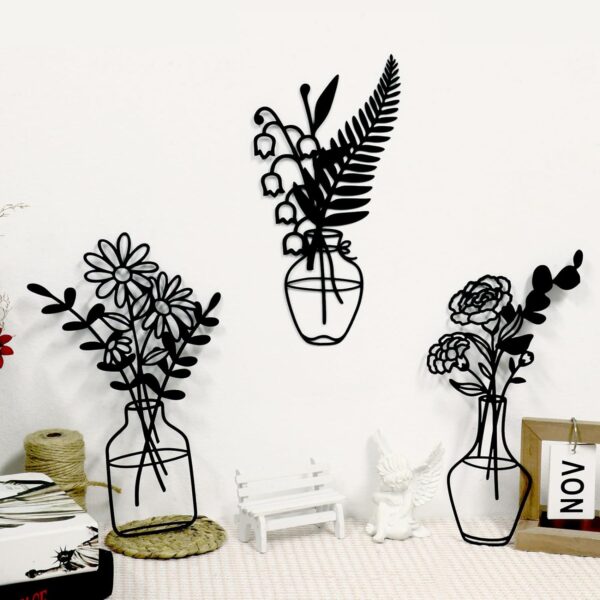 Zzbakress 3 Pcs Black Metal Flowers and Vases Wall Decoration Minimalist Art Wall Sculpture Lily of the valley, Daisy, Carnation Iron Decorative Floral for Living Room or Kitchen(Style 2, Black) - Image 3